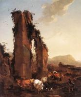 Nicolaes Berchem - Peasants With Cattle By A Ruined Aqueduct